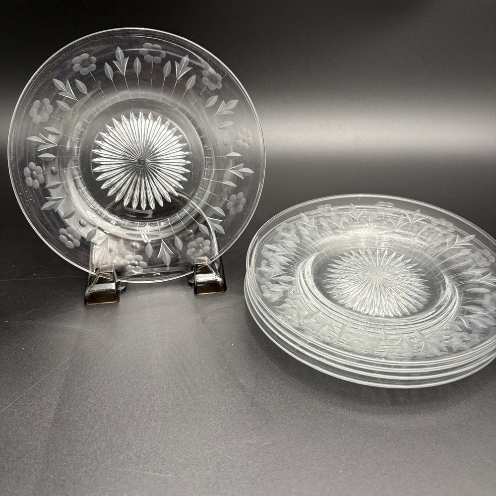 VTG Clear Glass Etched Floral Design Ribbed Center Side Salad Plate Set Of 5